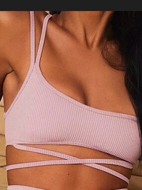 For Love & Lemons Ribbed Strappy Crop Top Bra in Mauve Pink